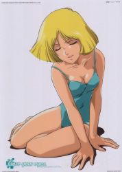 Rule 34 | 1girl, absurdres, aqua one-piece swimsuit, blonde hair, blue one-piece swimsuit, bob cut, breasts, casual one-piece swimsuit, cleavage, closed eyes, collarbone, dokite tsukasa, english text, gundam, head tilt, highres, medium breasts, mobile suit gundam, one-piece swimsuit, open mouth, parted bangs, retro artstyle, sayla mass, short hair, simple background, sitting, smile, solo, strap slip, sunrise (company), swept bangs, swimsuit, thighs, white background, yokozuwari