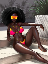 Rule 34 | 1girl, afro, arm support, artist name, bare arms, bare legs, bare shoulders, barefoot, big hair, black hair, breasts, breasts apart, closed mouth, collarbone, dark-skinned female, dark skin, day, derivative work, facing viewer, gradient clothes, highres, knee up, large breasts, leaning back, lips, long hair, lulu-chan92, multicolored clothes, navel, orange-tinted eyewear, orange-tinted glasses, original, outdoors, over-rim eyewear, photo-referenced, plant, potted plant, semi-rimless eyewear, shiny skin, sitting, sitting on stairs, solo, stairs, stomach, sunglasses, sunlight, thighs, tinted eyewear, very dark skin, watermark, web address