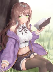 Rule 34 | 1girl, bare shoulders, belt, black ribbon, black shorts, blush, book, breasts, brown belt, brown hair, brown thighhighs, center frills, closed mouth, collared shirt, commentary request, commission, crop top, frills, garter straps, grass, green eyes, groin, hair between eyes, highres, holding, holding book, ichiyo tsuyu (glacia glagla), jacket, large breasts, long hair, long sleeves, looking at viewer, midriff, navel, neck ribbon, off shoulder, open book, original, purple jacket, ribbon, shadow, shirt, short shorts, shorts, sidelocks, sitting, skeb commission, sleeveless, sleeveless shirt, sleeves past wrists, smile, solo, thighhighs, tree, underbust, white shirt