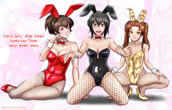 Rule 34 | 3girls, animal ears, arm support, artist name, black leotard, bow, bowtie, breasts, brown eyes, character name, cleavage, collarbone, detached collar, fishnets, girls und panzer, hair between eyes, hands on own legs, high heels, highres, kadotani anzu, kawashima momo, koyama yuzu, large breasts, leotard, medium breasts, monocle, multiple girls, nishi itsumi, no shoes, playboy bunny, rabbit ears, red bow, red bowtie, red footwear, red leotard, short ponytail, small breasts, smile, spread legs, squatting, twintails, twitter username, wrist cuffs, yellow bow, yellow bowtie, yellow footwear, yellow leotard, zoom layer