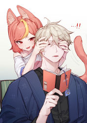 Rule 34 | !, !!, 1boy, 1girl, :d, absurdres, ahoge, animal ear fluff, animal ears, black shirt, blonde hair, blue jacket, book, cat ears, cat girl, cat tail, covering another&#039;s eyes, highres, holding, holding book, jacket, lingxia, looking at another, medium hair, open mouth, original, pink hair, shirt, short eyebrows, short hair, smile, tail, thick eyebrows, white shirt