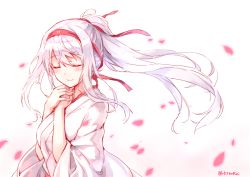 Rule 34 | 10s, 1girl, alternate hairstyle, bad id, bad pixiv id, blush, closed eyes, hairband, hand on own chest, hiten (hitenkei), japanese clothes, kantai collection, long hair, petals, ponytail, shoukaku (kancolle), smile, solo, twitter username, upper body, wind