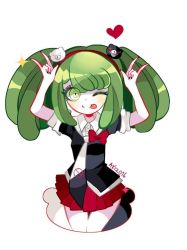 Rule 34 | 1girl, bear hair ornament, blush, child, closed mouth, collared shirt, danganronpa (series), danganronpa another episode: ultra despair girls, full body, green hair, hair ornament, hairband, headband, heart, kneeling, legs, long hair, looking at viewer, m/, m/m/, matching hair/eyes, one eye closed, palms, pleated skirt, red hairband, red headband, red headwear, red skirt, shirt, sign of the horns, simple background, sitting, skirt, star (sky), swastika, tongue, tongue out, towa monaca, twintails, white background, wink
