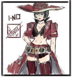 Rule 34 | 1girl, albireo winter, belt, breasts, cleavage, green-tinted eyewear, green-tinted glasses, guilty gear, guilty gear strive, hat, headwear request, i-no, jacket, lipstick, makeup, mole, navel, no bra, open clothes, open jacket, short hair, sketch, sunglasses, tinted eyewear