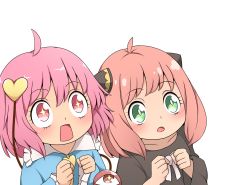Rule 34 | + +, 2girls, ahoge, anya (spy x family), black dress, child, clenched hands, commentary request, crossover, dress, eyelashes, green eyes, hair ornament, heart, heart hair ornament, highres, horn ornament, horns, komeiji satori, multiple girls, open mouth, pink eyes, pink hair, spy x family, suwaneko, third eye, touhou, trait connection