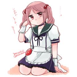 Rule 34 | 1girl, adapted costume, apron, badge, blue neckerchief, blue sailor collar, blue skirt, choker, commentary request, dated, frilled apron, frills, hair bobbles, hair ornament, izumiyamisono, kantai collection, neckerchief, pink eyes, pink hair, pleated skirt, sailor collar, sazanami (kancolle), sazanami kai (kancolle), school uniform, seiza, serafuku, short hair, sitting, skirt, socks, solo, twintails, twitter username, white socks, wrist cuffs