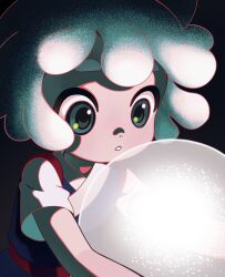 Rule 34 | 1boy, beel2l, black background, child, glowing, green eyes, highres, luo xiaohei, luo xiaohei (human), luo xiaohei zhanji, parted lips, short sleeves, solo, upper body, white hair