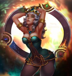 Rule 34 | 1girl, armpits, bare shoulders, breasts, bright pupils, chakram, cleavage, crown, dark-skinned female, dark skin, highres, huge weapon, jewelry, league of legends, mavoly, medium breasts, nail polish, narrow waist, necklace, orange eyes, qiyana (league of legends), resolution mismatch, solo, source larger, tagme, thighhighs, thighs, weapon, white hair, wide hips
