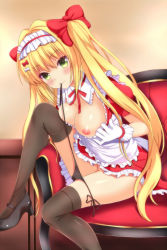 Rule 34 | 10s, 1girl, alternate costume, alternate hairstyle, apron, black footwear, black panties, black thighhighs, blonde hair, blush, bow, breast press, breasts, breasts out, cleavage cutout, clothes pull, clothing cutout, couch, dress, dress pull, enmaided, fate/extra, fate/grand order, fate (series), frills, gatchapowa, gloves, green eyes, hair bow, hair intakes, hair ornament, high heels, long hair, looking at viewer, maid, maid headdress, medium breasts, mouth hold, nero claudius (fate), nero claudius (fate) (all), nero claudius (fate/extra), nipples, panties, panty pull, puffy short sleeves, puffy sleeves, red dress, ribbon, shoes, short sleeves, side-tie panties, sitting, smile, solo, thighhighs, twintails, underwear, very long hair, white gloves