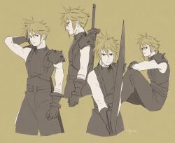 Rule 34 | aaco, armor, belt, blonde hair, buster sword, cloud strife, final fantasy, final fantasy vii, final fantasy vii remake, gloves, grey pants, grey shirt, hair between eyes, highres, holding, holding sword, holding weapon, looking at viewer, male focus, pants, shirt, short hair, shoulder armor, sleeveless, sleeveless turtleneck, spiked hair, square enix, suspenders, sword, turtleneck, weapon, yellow background