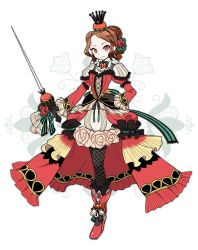 Rule 34 | 1girl, black gloves, black pantyhose, bow, brown hair, crown, dress, fishnet pantyhose, fishnets, flower, frilled dress, frills, full body, gloves, hair bun, hair flower, hair ornament, hand on own hip, holding, holding weapon, juliet sleeves, long sleeves, looking at viewer, nora (norabox), original, pantyhose, personification, pocketland, puffy sleeves, rapier, red flower, red footwear, red rose, rose, rose hip tea, shoes, short hair, single hair bun, solo, standing, striped, striped bow, sword, weapon
