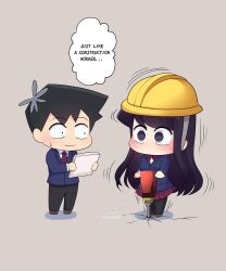 Rule 34 | 1boy, 1girl, absurdres, artist name, black hair, black pants, blue jacket, blush, brown footwear, chibi, closed mouth, commentary, diagonal-striped clothes, diagonal-striped skirt, english text, flower, full body, grey background, hair flower, hair ornament, hard hat, helmet, highres, holding, holding paper, j humbo, jacket, jackhammer, komi-san wa komyushou desu, komi shouko, long hair, looking at another, motion lines, necktie, no mouth, no nose, pants, pantyhose, paper, purple eyes, purple hair, red necktie, red skirt, short hair, signature, skirt, standing, striped clothes, tadano hitohito, thought bubble, very long hair