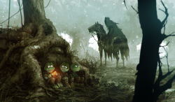 Rule 34 | 4boys, absurdres, animal, black robe, character request, commentary, copyright request, english commentary, fog, frog boy, glowing, glowing eyes, grass, hiding, highres, hood, hood up, horse, kalmahul, male focus, messy hair, multiple boys, nazgul, outdoors, riding, robe, short hair, sitting, the lord of the rings, the one ring, tolkien&#039;s legendarium, tolkien's legendarium, tree