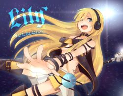 Rule 34 | 1girl, bad id, bad pixiv id, blonde hair, blue eyes, boots, breasts, cable, cd, female focus, gradient background, headphones, kisaki nana, lily (vocaloid), medium breasts, microphone, microphone stand, miniskirt, sideboob, skirt, smile, solo, tattoo, thigh boots, thighhighs, vintage microphone, vocaloid, zettai ryouiki