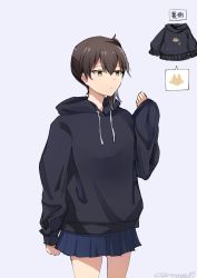 Rule 34 | 1girl, alternate costume, black sweater, blue skirt, brown eyes, brown hair, commentary request, cowboy shot, drawstring, grey background, highres, hood, hooded sweater, hoodie, kaga (kancolle), kantai collection, long hair, pleated skirt, samonasu17, side ponytail, simple background, skirt, solo, standing, sweater, translation request