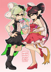 Rule 34 | + +, 2017, 2girls, black footwear, black hair, black hat, black jacket, black skirt, boots, bow, bowtie, brown eyes, callie (splatoon), closed mouth, coattails, commentary, cousins, cup, dated, dress, dress shirt, drinking glass, formal, gloves, gomipomi, gradient background, grey hair, hand on own hip, happy new year, hat, holding, inkling, jacket, jewelry, leg up, locked arms, long hair, looking at another, marie (splatoon), mini hat, mole, mole under eye, multiple girls, necklace, new year, nintendo, one eye closed, pink background, pink dress, pink footwear, pink hat, shirt, shoes, short hair, skirt, sleeveless, smile, splatoon (series), splatoon 1, standing, standing on one leg, strapless, strapless dress, tentacle hair, traditional bowtie, white gloves, white shirt, wine glass, wrist cuffs, zipper