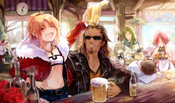 Rule 34 | 4girls, 6+boys, :d, achilles (fate), alcohol, amicis (amisic), astolfo (fate), bar (place), beer, beer bottle, beer mug, blonde hair, breasts, brown hair, caules forvedge yggdmillennia, chiron (fate), cleavage, clock, closed eyes, commentary, covering own eyes, cup, english commentary, facial hair, fate/apocrypha, fate (series), fiore forvedge yggdmillennia, flower, frankenstein&#039;s monster (fate), fur-trimmed jacket, fur trim, goatee, grey hair, hair ornament, hair over eyes, hair ribbon, hand on own hip, highres, horns, jack the ripper (fate/apocrypha), jacket, karna (fate), leather, leather jacket, mordred (fate), mordred (fate/apocrypha), mordred (memories at trifas) (fate), mug, multiple boys, multiple girls, navel, open clothes, open jacket, open mouth, pink hair, red flower, red jacket, red rose, ribbon, rose, scar, scar across eye, scar on face, shishigou kairi, short ponytail, single horn, small breasts, smile, strapless, sunglasses, table, trap, tray, tube top, white hair