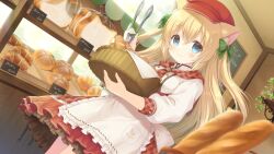 Rule 34 | 1girl, absurdres, animal ears, apron, bakery, basket, blonde hair, blue eyes, blush, bread, cat ears, cat girl, commission, dutch angle, food, highres, holding, kemamire, long hair, looking at viewer, original, red headwear, red skirt, shop, skeb commission, skirt, smile, solo, white apron
