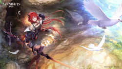 Rule 34 | 1girl, absurdres, arknights, arm up, asatani tomoyo, bare shoulders, bird, black dress, black thighhighs, breasts, cleavage, copyright name, dress, feathers, feet out of frame, highres, holding, holding sword, holding weapon, horns, infection monitor (arknights), jacket, long hair, long sleeves, medium breasts, off shoulder, official art, open clothes, open jacket, purple eyes, red hair, sleeveless, sleeveless dress, solo, standing, surtr (arknights), sword, thighhighs, very long hair, weapon, zettai ryouiki