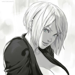 Rule 34 | 1girl, angel, angel (kof), artist name, breasts, cleavage, commentary, greyscale, lips, looking at viewer, medium breasts, monochrome, parted lips, rejean dubois, short hair, signature, simple background, smile, solo, the king of fighters, the king of fighters 2001, upper body, white background