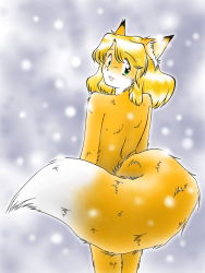 Rule 34 | 1girl, animal ears, blonde hair, fox ears, fox girl, fox tail, furry, furry female, green eyes, looking at viewer, looking back, nude, open mouth, pisipisi, short hair, smile, snow, solo, tail, whiskers
