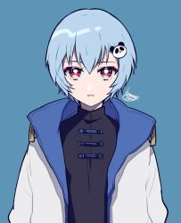 Rule 34 | 1girl, alternate costume, ayanami rei, black shirt, blue background, blue hair, collared shirt, expressionless, hair ornament, highres, jacket, kisaragi yuu (fallen sky), looking at viewer, neon genesis evangelion, open clothes, open jacket, panda hair ornament, red eyes, shirt, short hair, signature, simple background, solo, upper body, white jacket
