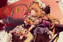 Rule 34 | 1girl, :q, ascot, berabou, black choker, blonde hair, blood, blood on clothes, blood on face, blood on hands, choker, commentary, crystal, dress, flandre scarlet, frilled shirt collar, frills, hand up, hat, hat ribbon, highres, holding, holding stuffed toy, indoors, long hair, looking at viewer, mob cap, one side up, red dress, red eyes, red ribbon, ribbon, shirt, solo, stuffed animal, stuffed toy, teddy bear, tongue, tongue out, touhou, white hat, white shirt, wings, wrist cuffs, yellow ascot