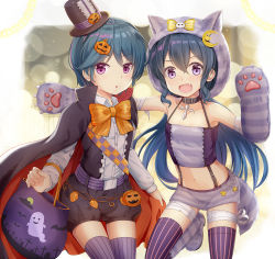 Rule 34 | 2girls, :d, :o, animal ears, animal hands, animal hood, bag, bandaged leg, bandages, bare shoulders, belt, belt buckle, black cape, black shorts, blue hair, blush, boots, bow, brown hat, buckle, cape, cat ears, cat hood, center frills, collarbone, collared shirt, commentary request, dress shirt, elbow gloves, fang, frills, gloves, hair between eyes, hair ornament, halloween, hand up, hat, hood, jack-o&#039;-lantern, jack-o&#039;-lantern hair ornament, knee boots, long hair, long sleeves, looking at viewer, migumi (niiya), minami (niiya), mini hat, mini top hat, multicolored cape, multicolored clothes, multiple girls, navel, niiya, open mouth, orange bow, orange cape, original, outstretched arm, parted lips, paw gloves, puffy shorts, purple belt, purple eyes, purple footwear, purple legwear, purple skirt, shirt, short shorts, shorts, siblings, sisters, skirt, smile, standing, standing on one leg, striped bow, striped clothes, striped footwear, striped gloves, striped legwear, striped skirt, striped thighhighs, thighhighs, tilted headwear, top hat, twins, vertical-striped clothes, vertical-striped legwear, vertical-striped thighhighs, very long hair, white shirt, yellow bow