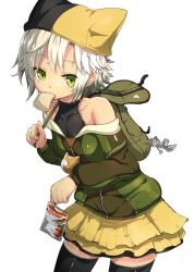 Rule 34 | 1girl, alternate costume, animal hat, bare shoulders, black thighhighs, eiyuu densetsu, falcom, female focus, fie claussell, food in mouth, green eyes, hat, katsudansou, leaning forward, mouth hold, sen no kiseki, silver hair, simple background, skirt, solo, thighhighs, white background