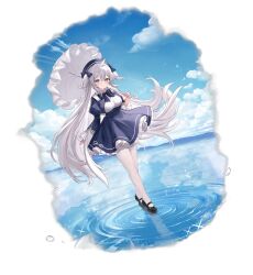 Rule 34 | absurdres, ahoge, alic miao, aqua eyes, azur lane, black footwear, blue headwear, blue ribbon, blue skirt, blue sky, blush, cloud, floating hair, fluffy, hat, highres, holding, holding umbrella, long hair, long sleeves, looking at viewer, mary janes, non-web source, official alternate costume, official art, pantyhose, petticoat, pleated skirt, ribbon, shoes, sidelocks, skirt, sky, smile, umbrella, umikaze (azur lane), umikaze (baby steps) (azur lane), very long hair, white hair, white pantyhose, white umbrella