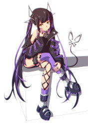 Rule 34 | 1girl, absurdres, asymmetrical legwear, black hair, black jacket, blunt bangs, breasts, cleavage, closed mouth, crossed legs, demon tail, frilled straps, full body, highres, jacket, kojo anna, kojo anna (1st costume), long hair, long sleeves, looking at viewer, mismatched legwear, multicolored hair, nanashi inc., off shoulder, platform footwear, pointy ears, purple hair, saiho, see-through, see-through cleavage, single thighhigh, sitting, smile, socks, solo, sugar lyric, tail, thigh strap, thighhighs, twintails, two-tone hair, virtual youtuber, white background, yellow eyes