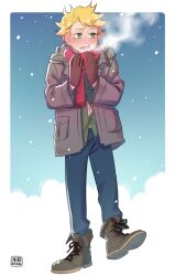 Rule 34 | 1boy, animification, blonde hair, boots, breath, brown gloves, coat, full body, gloves, green eyes, highres, kibstar, male focus, open clothes, open coat, open mouth, pants, red scarf, scarf, shoelaces, snowing, solo, south park, teeth, tweek tweak