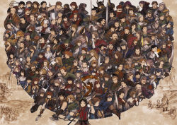 Rule 34 | 6+girls, absolutely everyone, adjusting eyewear, armor, back, beads, between fingers, black hair, blouse, blue hat, blunt bangs, bob cut, braid, breasts, brother and sister, brown hair, carrying, carrying under arm, character request, chef, cleavage, cleo (suikoden), collared shirt, commentary request, covered mouth, everyone, fake horns, father and daughter, father and son, flik (suikoden), flower, flower over mouth, frown, futch (suikoden), gensou suikoden, gensou suikoden i, green hat, gremio (suikoden), hachimaki, hair between eyes, hair bun, hair slicked back, halterneck, hand on own head, hat, hat tip, head wings, headband, helmet, highres, hix (suikoden), holding, holding hands, holding sword, holding weapon, horned helmet, horns, humphrey mintz, interlocked fingers, jeane (suikoden), jewelry, kasumi (suikoden), leknaat, long hair, luc (suikoden), maeka (kumaekake), multi-tied hair, multiple boys, multiple girls, necklace, nejiri hachimaki, odessa silverberg, one eye covered, orange hat, overalls, own hands together, pahn (suikoden), palette (object), pauldrons, pesmerga (suikoden), pointy ears, pointy nose, prayer beads, red hat, remembering, revision, round eyewear, shirt, short hair, shoulder armor, siblings, single hair bun, sisters, skin tight, smile, staff, sword, tabard, tai ho, ted (suikoden), tengaar (suikoden), teo mcdohl, tir mcdohl, top hat, twin braids, v, valeria (suikoden), viki (suikoden), viktor (suikoden), weapon, white hat, white shirt, wings, yam koo, yellow hat