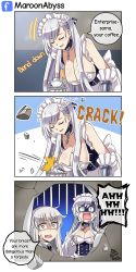 Rule 34 | !, 3koma, artist name, azur lane, belfast (azur lane), blush, braid, breasts, cleavage, coffee cup, comic, cup, disposable cup, english text, engrish text, enterprise (azur lane), gloves, highres, hole in wall, large breasts, long hair, maid, maid headdress, maroonabyss, necktie, ranguage, rubble, shaded face, shirt, silver hair, sweat, symbol-shaped pupils
