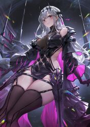 Rule 34 | 1girl, black dress, black gloves, boobplate, breastplate, breasts, cleavage, dress, eru (eru illust), gloves, goddess of victory: nikke, grey hair, hair ornament, impossible clothes, impossible jacket, jacket, large breasts, long hair, long sleeves, looking at viewer, modernia (nikke), modernia (second affection) (nikke), official alternate costume, red eyes, ribbon, see-through, see-through cleavage, smile, solo, thighhighs, thighs