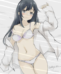 Rule 34 | 1girl, alternate breast size, artist logo, asashio (kancolle), black hair, blue eyes, bra, breasts, cowboy shot, gakky, kantai collection, long hair, lying, medium breasts, one-hour drawing challenge, open clothes, open shirt, panties, shirt, solo, thigh gap, underwear, white bra, white panties, white shirt
