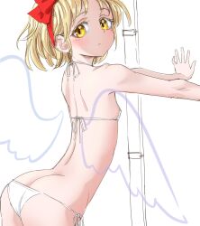 Rule 34 | 1girl, arched back, arm support, ass, bikini, blonde hair, butt crack, closed mouth, commentary request, cowboy shot, flat chest, from side, gengetsu (touhou), hairband, light blush, light frown, looking at viewer, nose, outstretched arms, red hairband, s-a-murai, short hair, shoulder blades, side-tie bikini bottom, solo, standing, swimsuit, touhou, touhou (pc-98), white background, white bikini, wings, yellow eyes