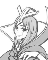 Rule 34 | 1girl, greyscale, hooreng, league of legends, leblanc (league of legends), looking at viewer, monochrome, simple background, smile, solo, white background