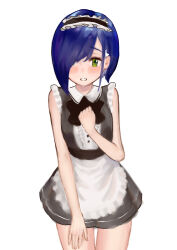 Rule 34 | 1girl, absurdres, abuwei shenshijun, alternate costume, apron, asymmetrical hair, bare shoulders, black bow, black bowtie, black dress, black hairband, blue hair, blush, bob cut, bow, bowtie, bra, breasts, commentary, cowboy shot, curled fingers, darling in the franxx, dress, embarrassed, enmaided, frilled dress, frilled hairband, frills, green eyes, hair ornament, hair over one eye, hairband, hairclip, hand on own chest, hand on own thigh, highres, ichigo (darling in the franxx), looking at viewer, maid, maid headdress, nervous, parted lips, raised eyebrows, short dress, short hair, simple background, single sidelock, sleeveless, sleeveless dress, small breasts, solo, standing, swept bangs, underwear, waist apron, white apron, white background