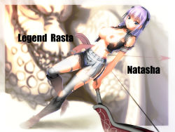 Rule 34 | 1girl, aoi mug, blue eyes, blurry, blurry background, boots, border, breasts, breasts out, collarbone, crop top, deviljho, dutch angle, eyebrows, facing viewer, full body, grey skirt, grey thighhighs, hair intakes, hairband, highres, holding, holding weapon, large breasts, long hair, looking at viewer, miniskirt, monster hunter, monster hunter (series), monster hunter frontier, navel, nipples, open clothes, open shirt, pleated skirt, purple hair, shirt, short sleeves, skirt, solo, standing, standing on one leg, stomach, thighhighs, torn clothes, torn shirt, torn skirt, translucent border, transparent border, weapon