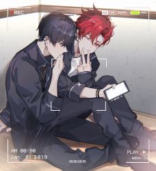 Rule 34 | 2boys, battery indicator, black footwear, black hair, black jacket, black pants, black shirt, bracelet, buried stars, cellphone, chinese commentary, closed mouth, commentary, ear piercing, earrings, hair between eyes, han do-yoon, hand to own mouth, highres, holding, holding phone, indoors, jacket, jewelry, long sleeves, looking at viewer, male focus, mole, mole under eye, multiple boys, necklace, on floor, one eye closed, open clothes, open jacket, pants, phone, piercing, recording, red eyes, red hair, seo hyesung, shirt, shoes, short hair, sitting, smartphone, smile, viewfinder, white shirt, yusa (yusa0751)