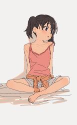Rule 34 | 1girl, arm rest, bare arms, bare legs, bare shoulders, barefoot, black hair, camisole, clothes around waist, collarbone, drop shadow, full body, grey shorts, highres, indian style, kona ming, kuraue hinata, light blush, looking to the side, open mouth, pink camisole, purple eyes, short twintails, shorts, simple background, sitting, solo, strap slip, turning head, twintails, white background, yama no susume