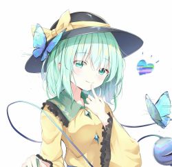 Rule 34 | 1girl, black hat, blush, bow, bug, butterfly, collared shirt, finger to mouth, frilled shirt, frilled shirt collar, frilled sleeves, frills, green eyes, green hair, hand up, hat, hat bow, heart, highres, insect, iyo (ya na kanji), komeiji koishi, long sleeves, looking at viewer, medium hair, shirt, simple background, smile, solo, third eye, touhou, upper body, white background, wide sleeves, yellow bow, yellow shirt