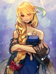 Rule 34 | 1girl, :d, blonde hair, blue dress, bow, braid, braided ponytail, collarbone, crossed arms, dress, hair between eyes, hair bow, hair over shoulder, jodesu, long hair, looking at viewer, milla maxwell, open mouth, purple background, red bow, red eyes, smile, solo, standing, strapless, strapless dress, tales of (series), tales of xillia, very long hair