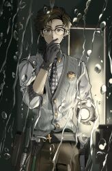 Rule 34 | 1boy, brown eyes, brown hair, brown pants, checkered necktie, collared shirt, cowboy shot, dark background, flashlight, gamsahae, grey vest, hand on own chin, hand up, highres, holding, holding flashlight, horropedia, looking at viewer, male focus, necktie, pants, reverse:1999, shirt, short hair, sleeves past elbows, solo, stroking own chin, sweater vest, tie clip, tool belt, vest, water on glass, white shirt