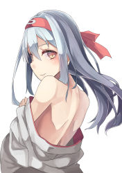 Rule 34 | 10s, 1girl, back, bad id, bad pixiv id, bare shoulders, blush, brown eyes, hair ornament, hairband, headband, highres, japanese clothes, kantai collection, long hair, looking at viewer, looking back, miko, ribbon, saraki, shoukaku (kancolle), silver hair, simple background, smile, solo, undressing, white background