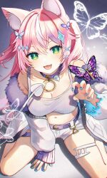 Rule 34 | animal ear fluff, animal ears, belt, blue nails, blush, bug, butterfly, butterfly hair ornament, cat ears, crop top, fang, fur-trimmed jacket, fur trim, gyuentec, hair ornament, highres, insect, jacket, nijisanji, nijisanji kr, open clothes, open jacket, open mouth, pink hair, purple belt, purple butterfly, shorts, sitting, smile, two side up, virtual youtuber, wariza, white jacket, white shorts, yang nari, yang nari (2nd costume)