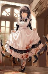 Rule 34 | 1girl, :d, absurdres, apron, arthropod girl, black dress, black footwear, black hair, blood, blood on clothes, blood splatter, blue eyes, blush, braid, brooch, dress, frilled apron, frilled dress, frills, full body, heterochromia, highres, indoors, insect girl, jewelry, juliet sleeves, long sleeves, maid headdress, open mouth, original, pantyhose, puffy sleeves, shoes, skirt hold, smile, solo, spider girl, standing, twin braids, white apron, white pantyhose, y o u k a, yellow eyes