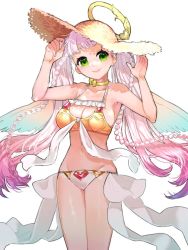 Rule 34 | 1girl, angel, angel wings, bikini, bow, bow choker, breasts, cleavage, cleavage cutout, closed mouth, clothing cutout, feathered wings, frills, gabriel (housamo), gradient hair, green eyes, halo, hat, heart, long hair, medium breasts, multicolored hair, pink hair, shiratori yokikana, smile, solo, straw hat, swimsuit, tokyo houkago summoners, white background, white hair, wings