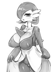 Rule 34 | 1girl, absurdres, bar censor, bob cut, breasts, censored, cleavage, collarbone, colored skin, covered erect nipples, cowboy shot, creatures (company), female focus, game freak, gardevoir, gen 3 pokemon, greyscale, hair over one eye, half-closed eyes, heart, heart-shaped pupils, highres, huge breasts, lifting own clothes, looking at viewer, monochrome, multicolored skin, my700, nintendo, one eye covered, open mouth, pokemon, pokemon (creature), pussy, shiny skin, short hair, simple background, sketch, solo, standing, symbol-shaped pupils, teeth, two-tone skin, white background